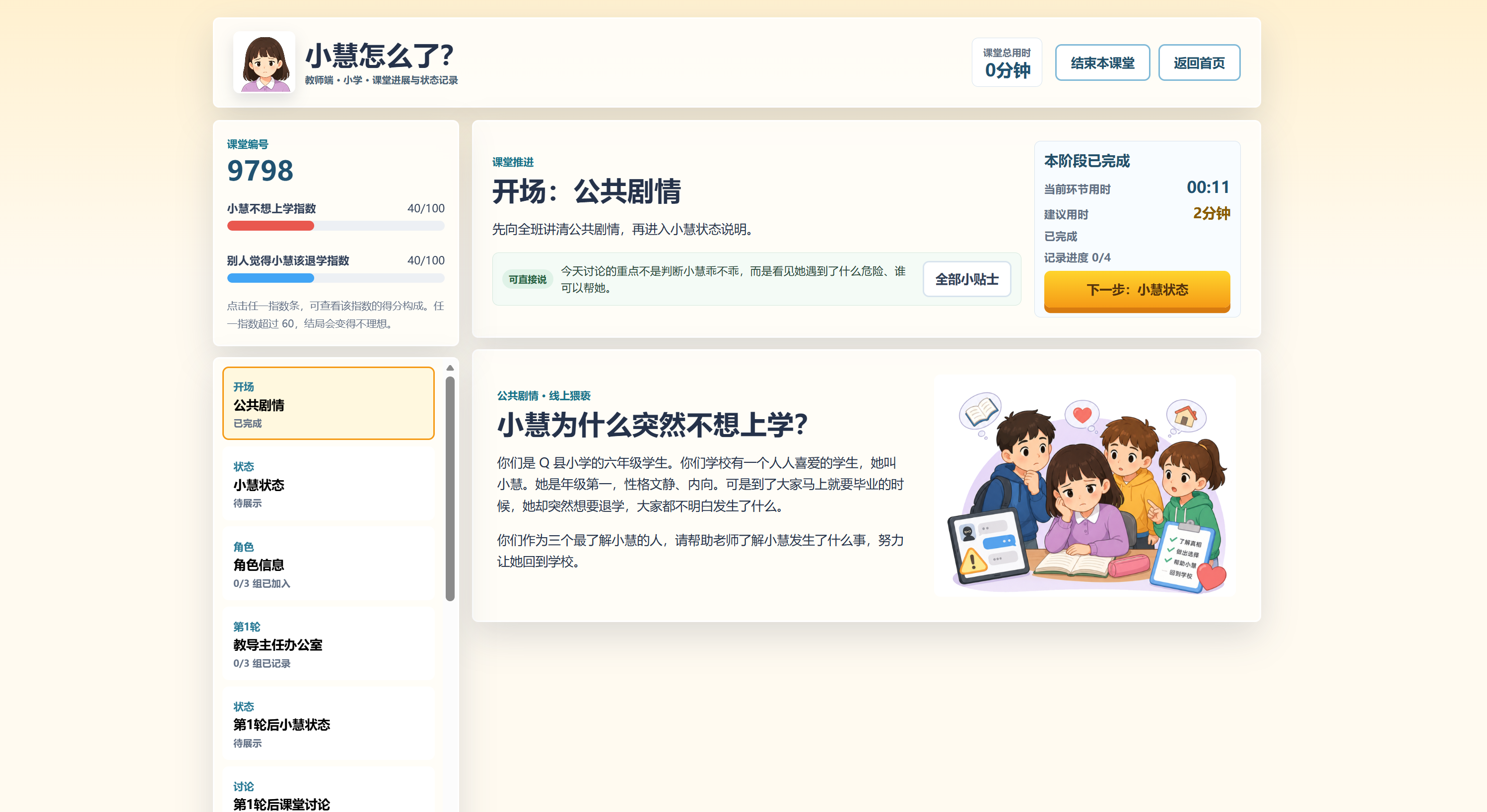 Teacher-side dashboard of the interactive classroom toolkit, showing lesson progress, student participation scores, an open scenario, and a story card about a student named Xiao Hui suddenly not wanting to go to school